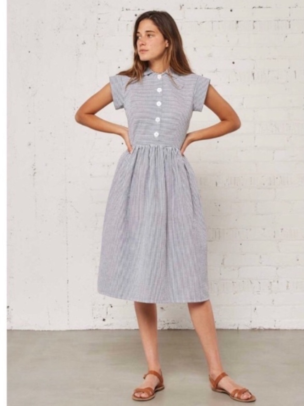 Christy Dawn Piper Blue White Pinstripe Retro Midi Dress Size Small French Girl - Picture 2 of 14